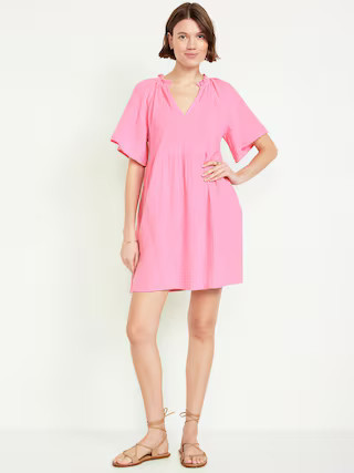 Split-Neck Crinkle Gauze Mini Swing Dress | Old Navy (US)