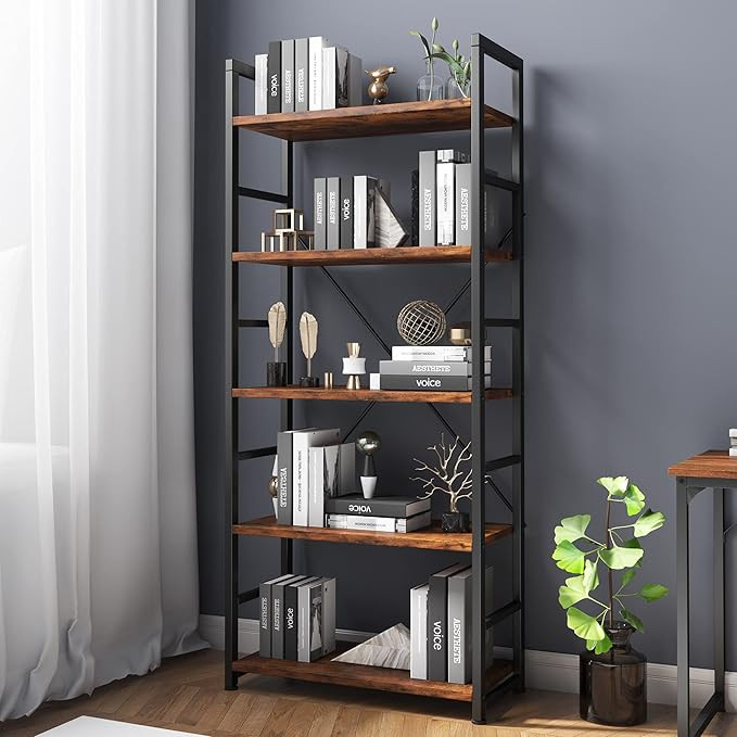 VERMESS Industrial Bookshelf, 5-Tier 24inch Rustic Brown Shelving Unit Wood Bookcase with Open Sh... | Amazon (CA)