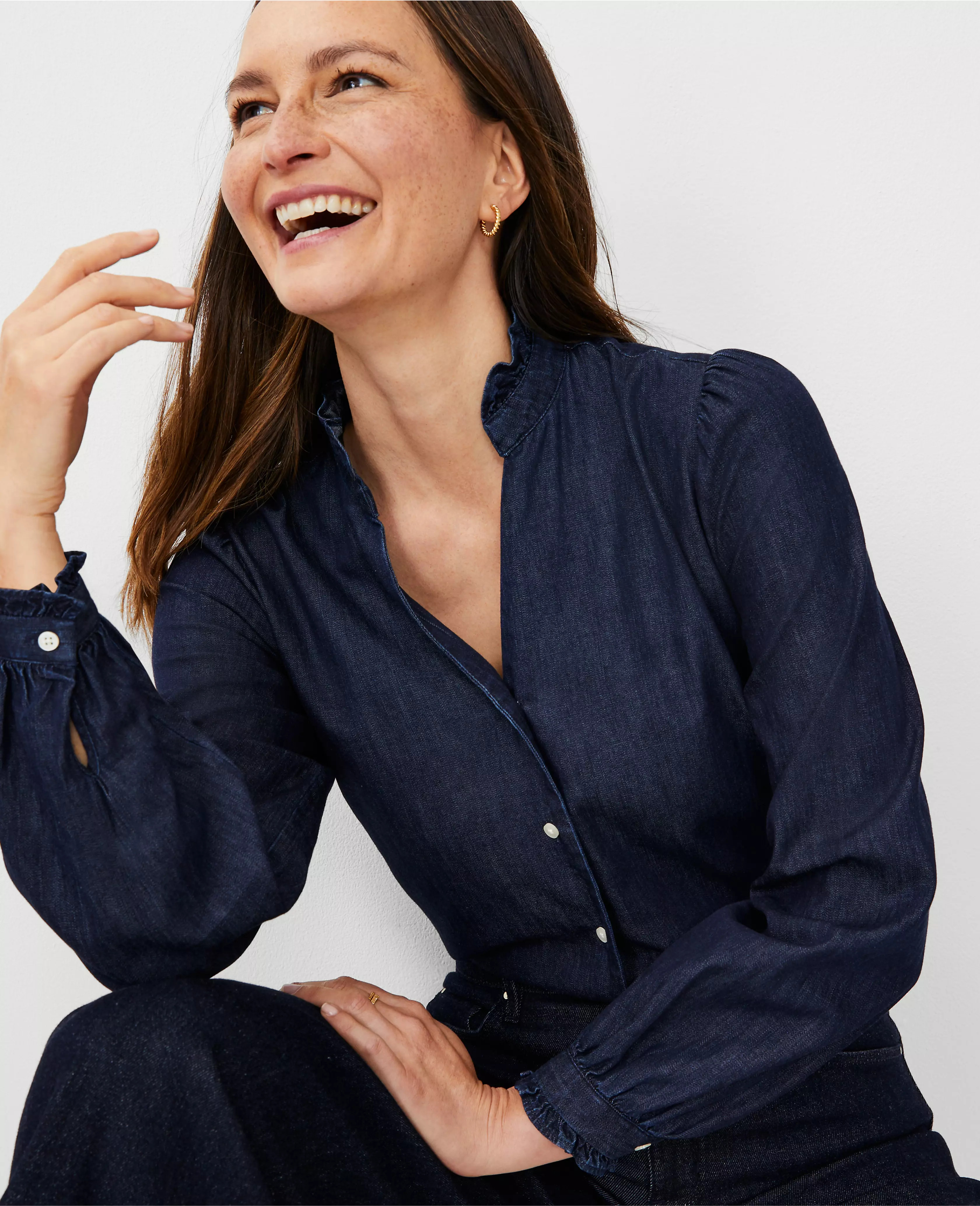 Chambray Ruffle Button Top | Ann Taylor (US)
