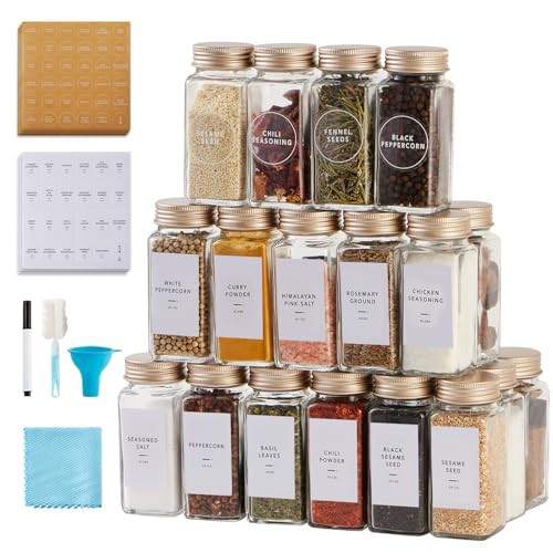 48 Pcs Spice Jars with Label- Glass Spice Jars with Gold Metal Caps,Shaker Lids, Funnel, Chalk Pen, Brush,Cleaning Cloth,Skiileor 4oz Seasoning Containers Bottles for Spice Rack, Cabinet, Drawer | Amazon (US)