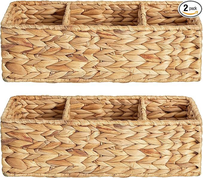 StorageWorks 3-Section Wicker Baskets for Shelves, Hand-Woven Water Hyacinth Storage Baskets, 2-P... | Amazon (US)