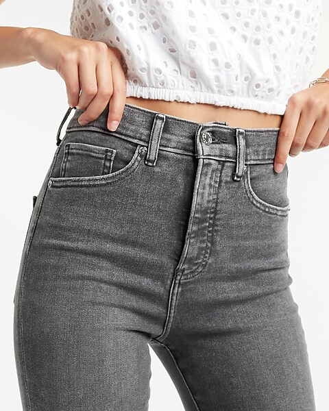 Super High Waisted Gray Raw Hem Skinny Jeans | Express