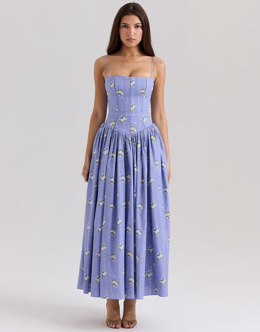 House of CB Ysabella stretch cotton midi sundress in blue daisy print | ASOS (Global)