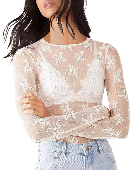 AKEWEI Womens Mesh Long Sleeve Tops Crew Neck Sexy See Through Tee Shirts Party Club Night Lace B... | Amazon (US)