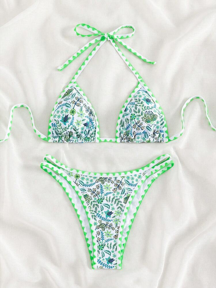 Floral Print Halter Triangle Bikini Swimsuit | SHEIN