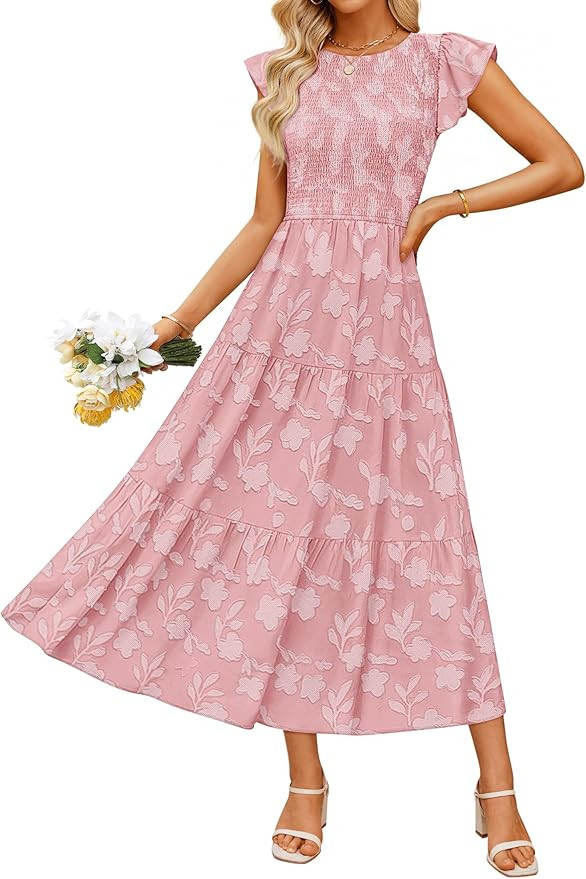 ZESICA Women's Summer Boho Floral Midi Dress 2026 Casual Flutter Short Sleeve Crewneck Smocked Fl... | Amazon (US)