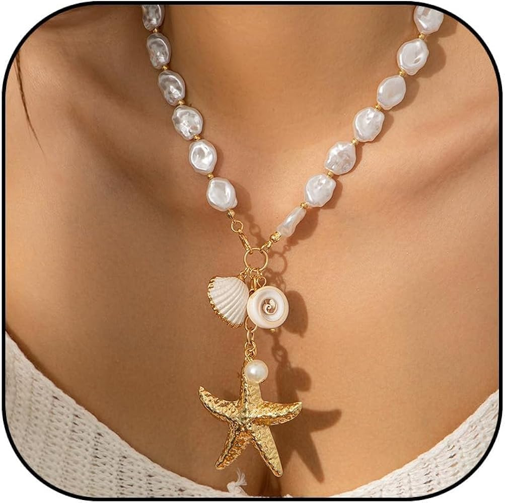 Dcfywl731 Starfish Necklace for Women Gold Shell Pendant Necklaces Seashell Charm Necklace Boho P... | Amazon (US)