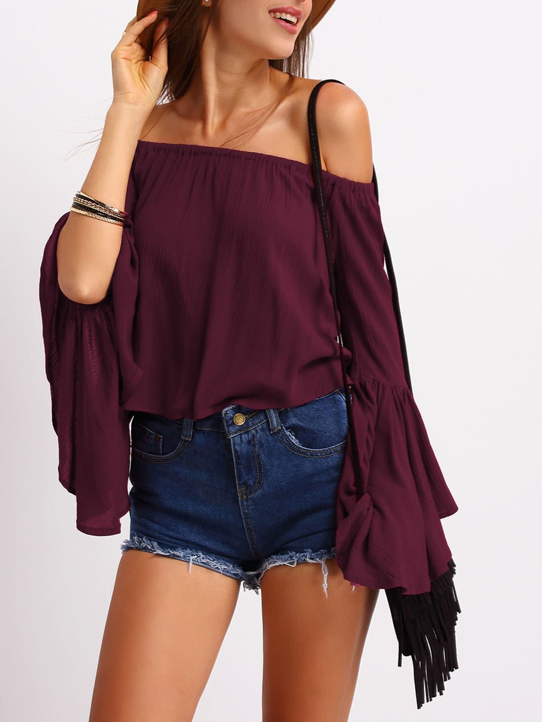 Burgundy Off the Shoulder Bell Sleeve Top | ROMWE