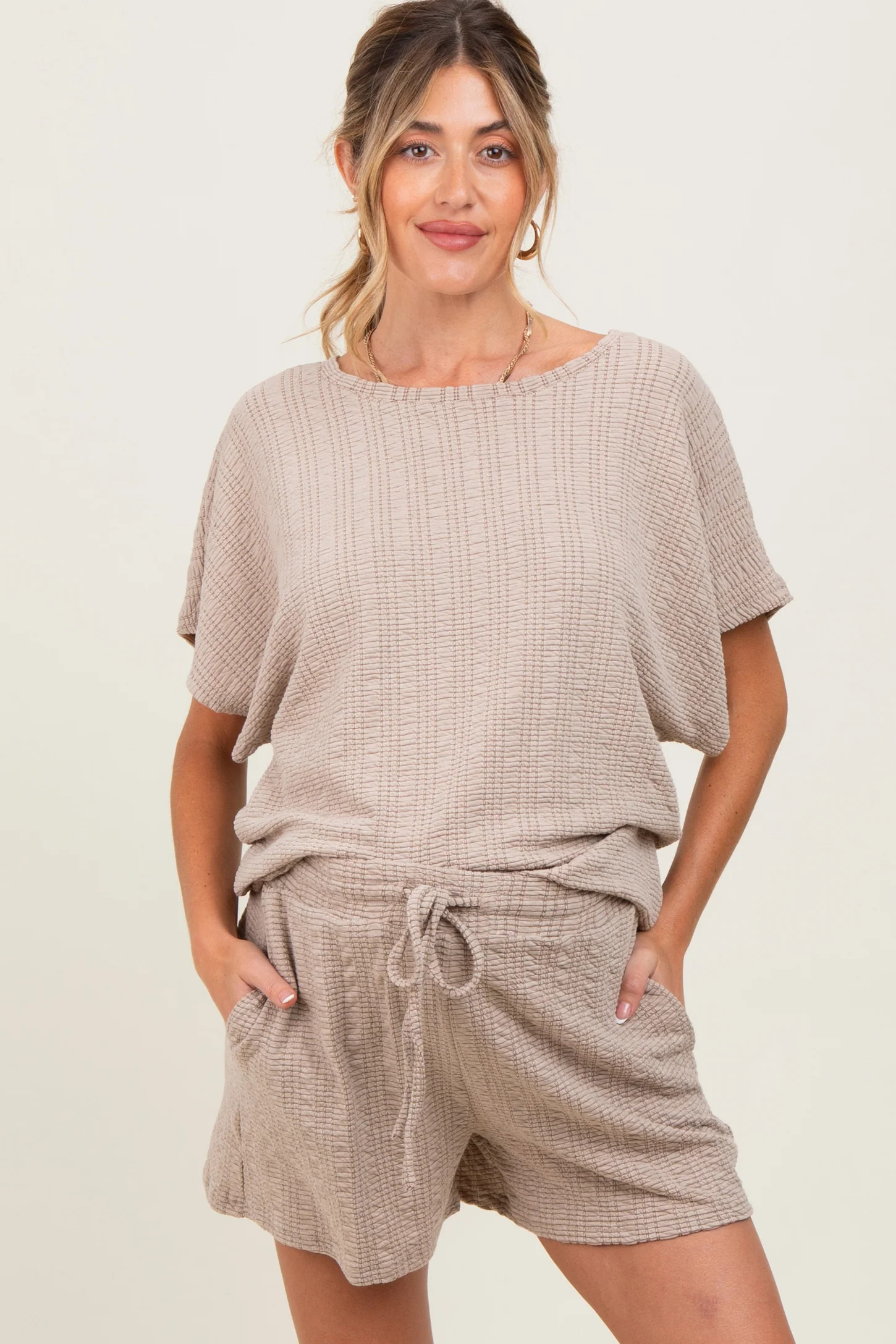 Taupe Textured Knit Dolman Sleeve Top Shorts Maternity Set | PinkBlush Maternity