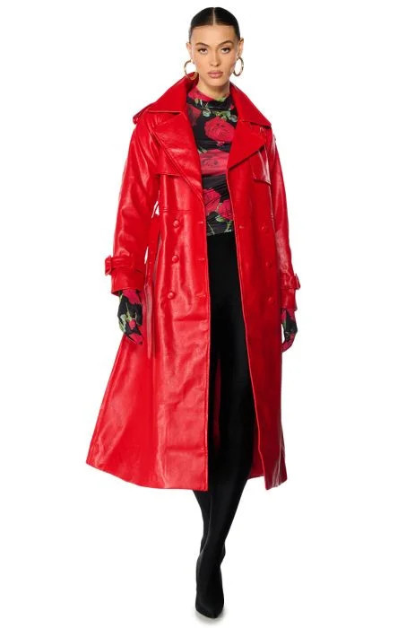 AU REVOIR FAUX LEATHER TRENCH IN RED | AKIRA