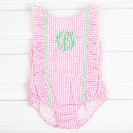 Pink Seersucker Check Ruffle Swimsuit | Classic Whimsy