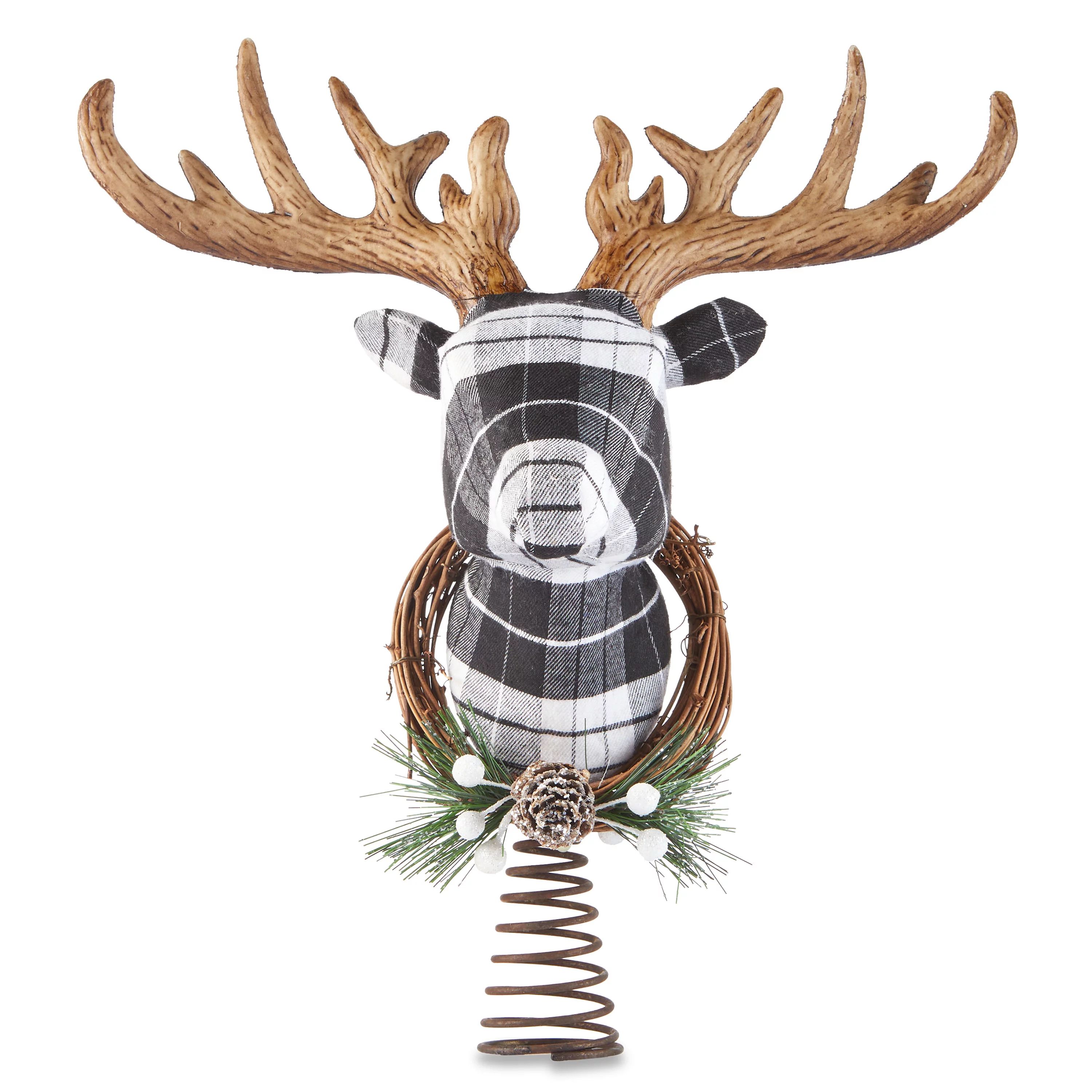 Holiday Time Black and White Plaid Wrapped Deer Head Christmas Tree Topper - Walmart.com | Walmart (US)