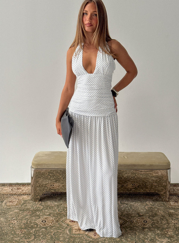 Millen Gathered Waist Halter Maxi Dress White Polka Dot | Princess Polly US