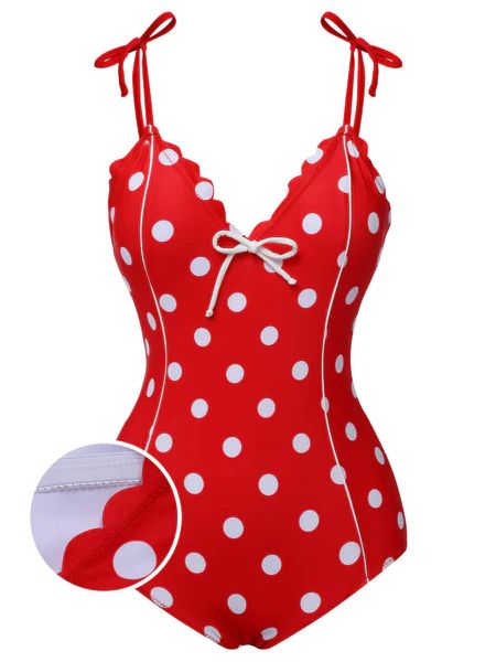 Red 1950s Polka Dot Shoulder Tie Swimsuit | Retro Stage