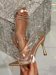 Ladies" Transparent PVC High-Heeled Sandals With Rhinestones, Party Fashion Buckle Pointed Toe Hi... | SHEIN