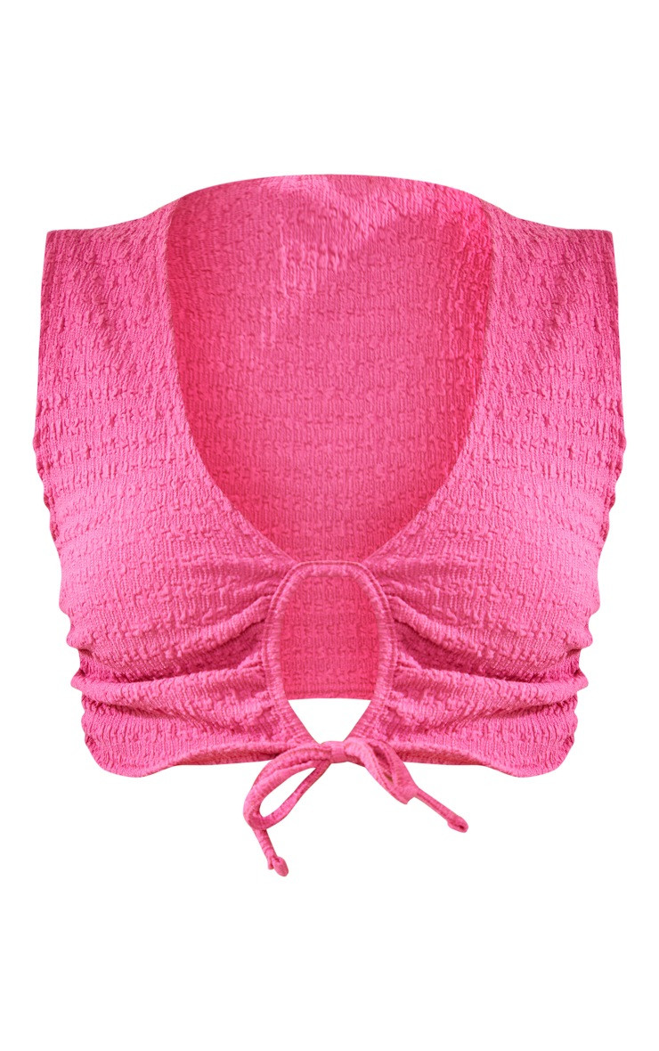 Bright Pink Textured Ruched Cut Out Detail Crop Top | PrettyLittleThing US