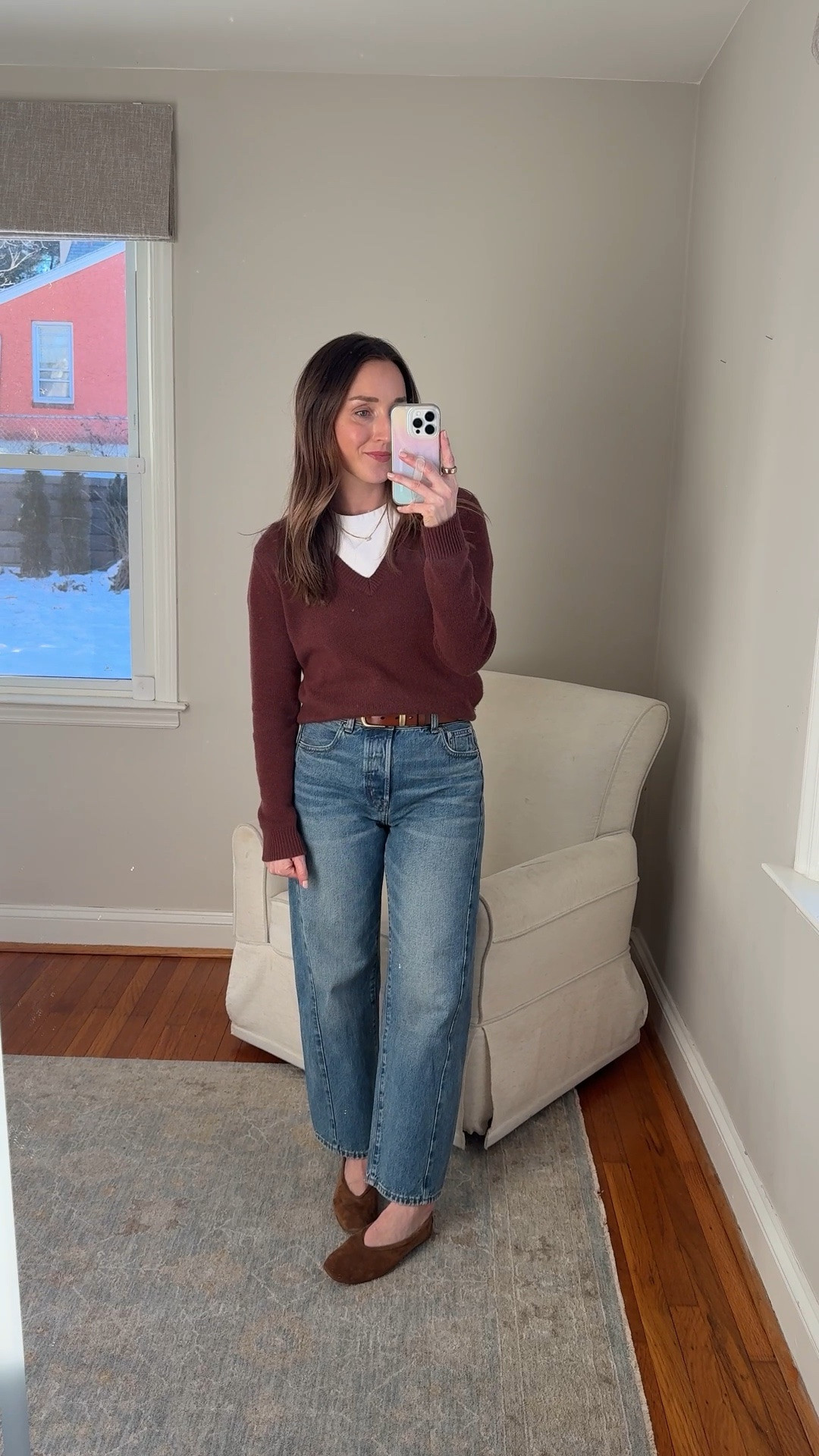 Wearing a size 26 in the jeans. They run true to size. Sweater is not linked because it is not linkable but it is naked cashmere brand. Snag these cute suede flats on sale!
