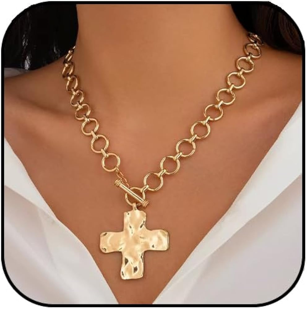 Chunky Cross Necklace for women,Dainty Thick Gold Layering Herringbone Paperclip Cross Necklace N... | Amazon (US)
