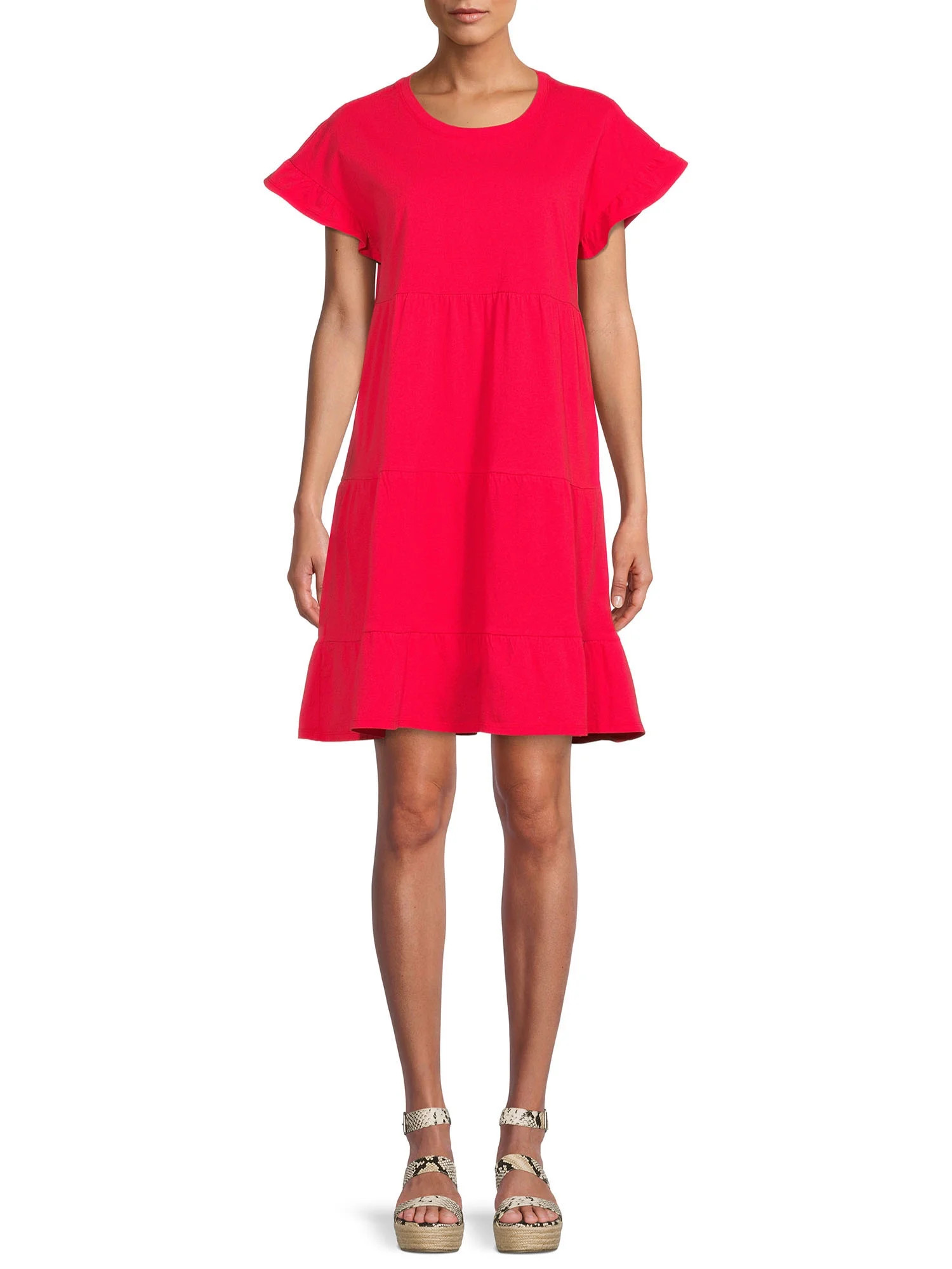 Time and Tru Short Sleeve Tiered Knit Dress for women with Pockets - Walmart.com | Walmart (US)