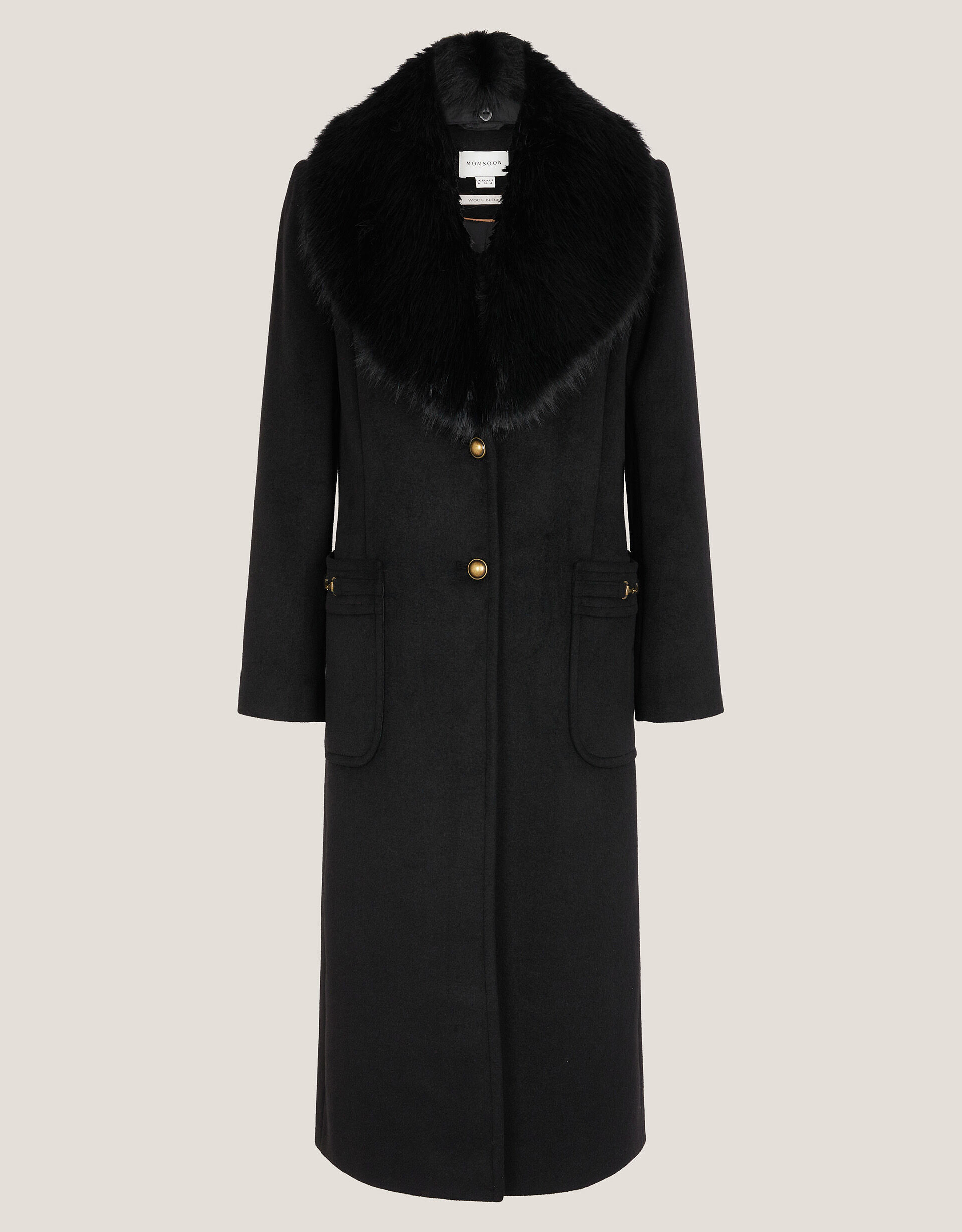 Fearne Faux Fur Collar Long Coat Black | Monsoon (UK)