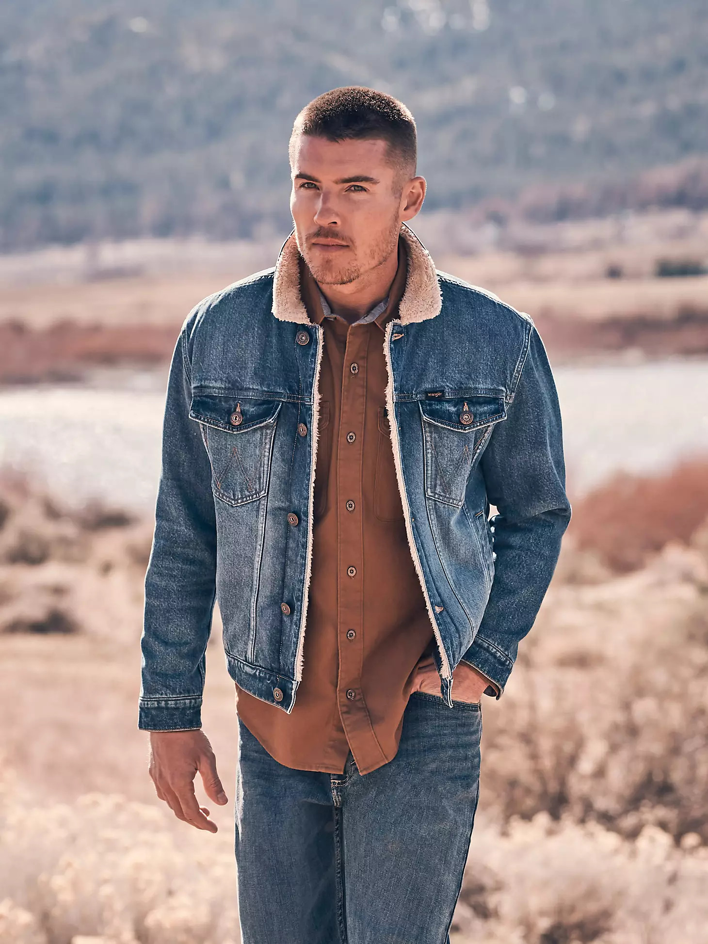 Men's Wrangler® Sherpa Lined Denim Jacket in Mid Wash | Wrangler