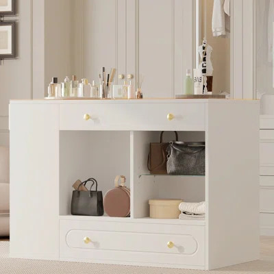 6 Drawer Closet Island, Walk-In Closet Dresser With Glass Display Top And Open Shelves, Jewelry Storage Vanity Island For Closet With Compartments, Cl | Wayfair North America