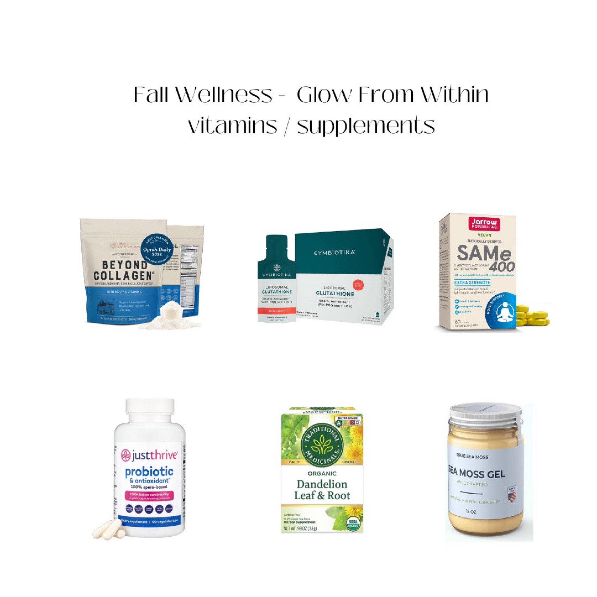 Glow From Within - Fall Wellness 

The past 10 years these vitamins / supplements have risen to the top (after much trial and error) to become the best part of my health routine for helping my body rid the brain frog, increase energy, brighten mood, and have helped hair / skin / nails - especially after a busy summer. Very helpful when traveling, wedding season, late night parties, and just overall day to day life - these have helped me be the best version of myself! 

Always consult your doctor for any questions. 

#LTKfitness #LTKSeasonal #LTKbeauty