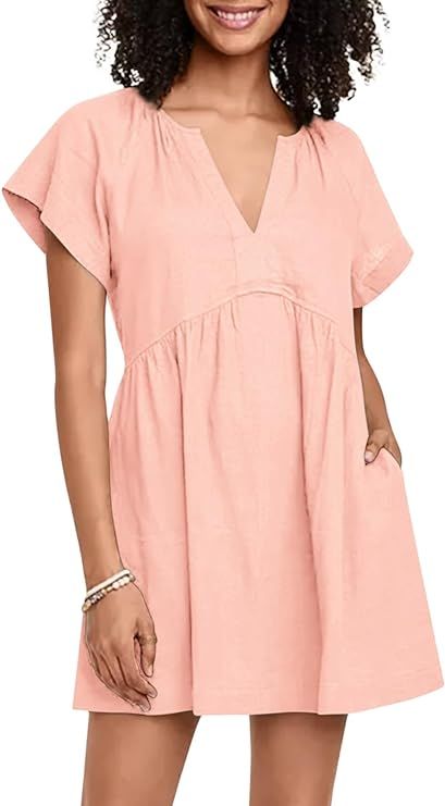 Yousify Womens Summer Dresses V Neck A Line Short Sleeve Sun Mini Dress with Pockets S-2XL | Amazon (US)