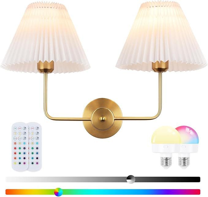 Rnzziw Double Light Battery Operated Wireless Wall Sconces with White Pleated Fabric lampshade, 2... | Amazon (US)