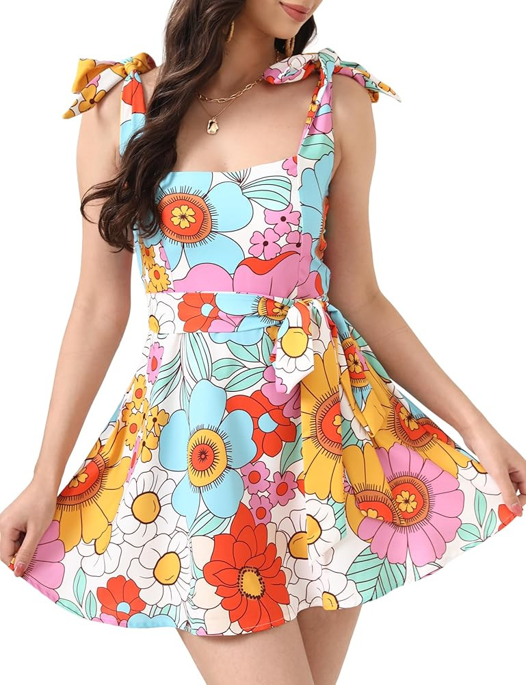 Womens Floral Mini Dress Casual Summer Sleeveless Flower Dresses Square Neck A line Short Dress w... | Amazon (US)