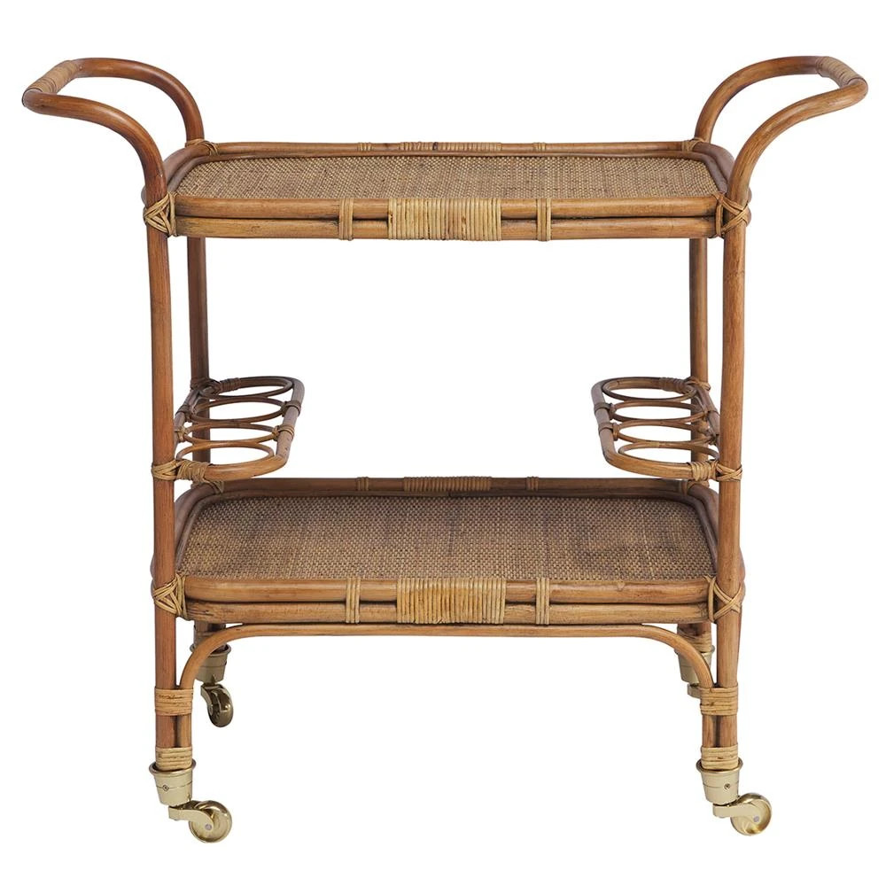 Minda Coastal Beach Antique Brown Rattan Woven Wicker Bar Cart | Kathy Kuo Home