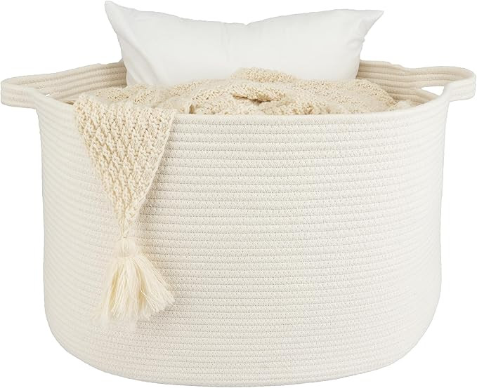 Large Cotton Rope Basket Blankets Basket Living Room 22"x14" Toy Basket for Kids and Dogs Rope St... | Amazon (US)