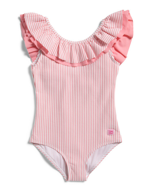 Big Girls Upf 50 Seersucker Ruffle One-piece Swimsuit | TJ Maxx