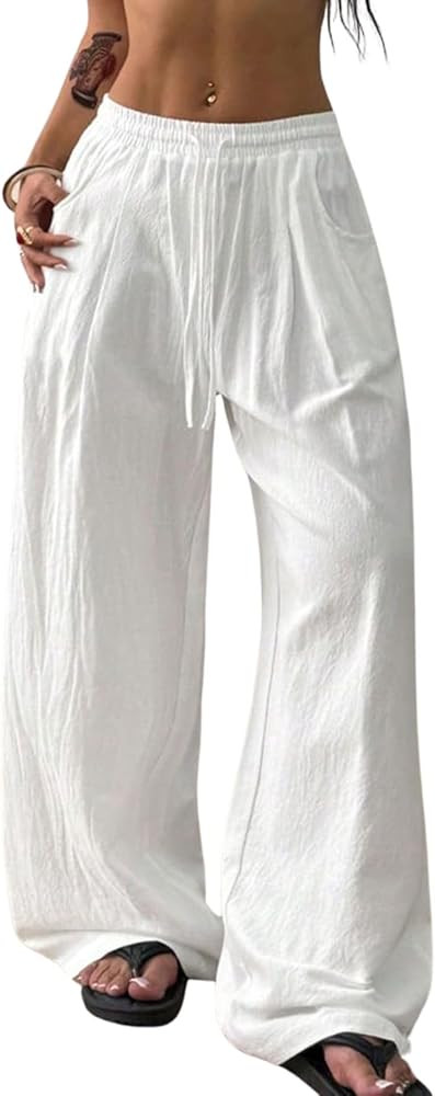 Women's Drawstring Linen Pants Palazzo Casual Wide Leg Beach Pants with Pockets | Amazon (US)