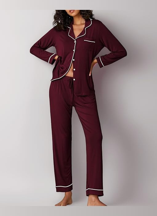 Ekouaer Damen Schlafanzug Lang Weich Pyjama mit Kn\u00f6pfen | Amazon (DE)