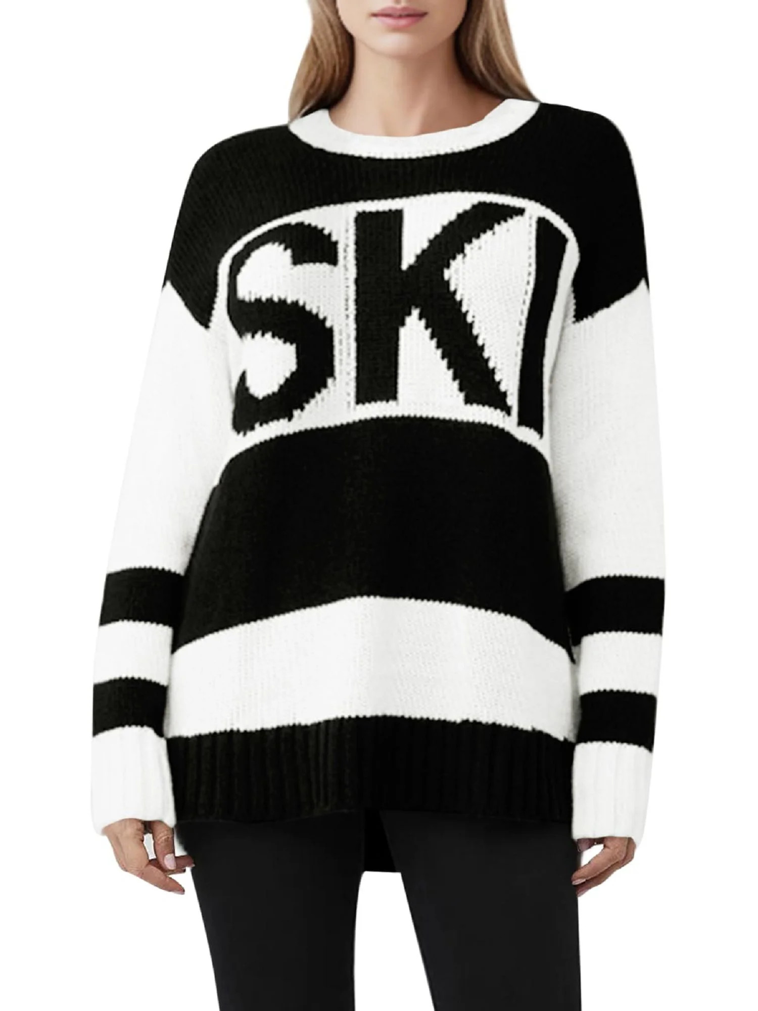 Women's Oversized Color Block Ski Print Sweater Trendy Fall Crew Neck Long Sleeve Pullover Knit T... | Walmart (US)