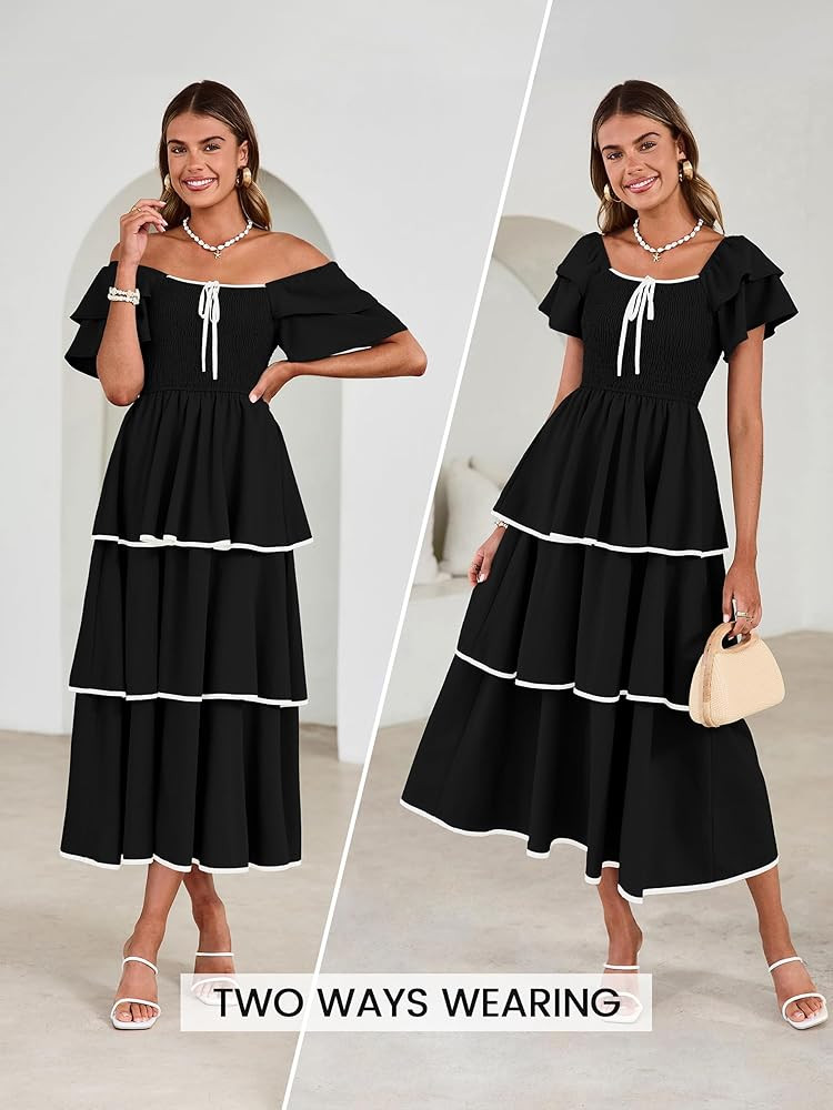 BerryGo Womens Summer Flowy Wedding Guest Long Dress Smocked Tiered Boho Casual Short Sleeve Squa... | Amazon (US)