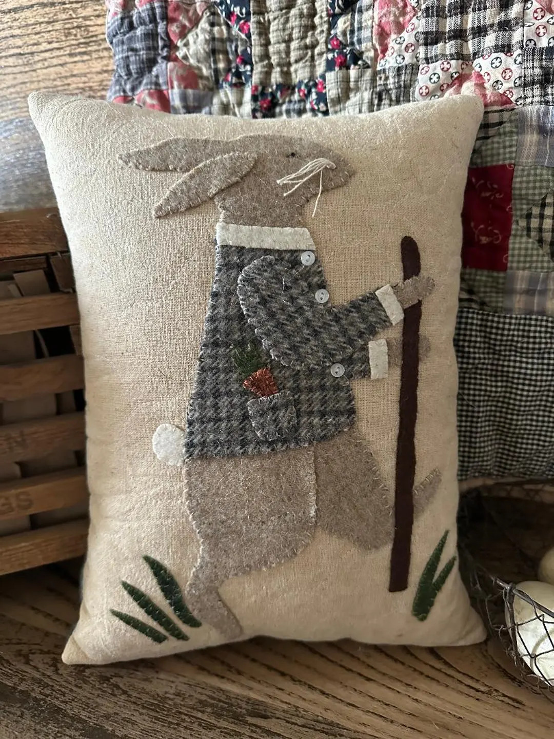 Primitive Hand Stitched Wool Appliqué Bunny Pillow~folk Art Rabbit~spring~easter - Etsy | Etsy (US)