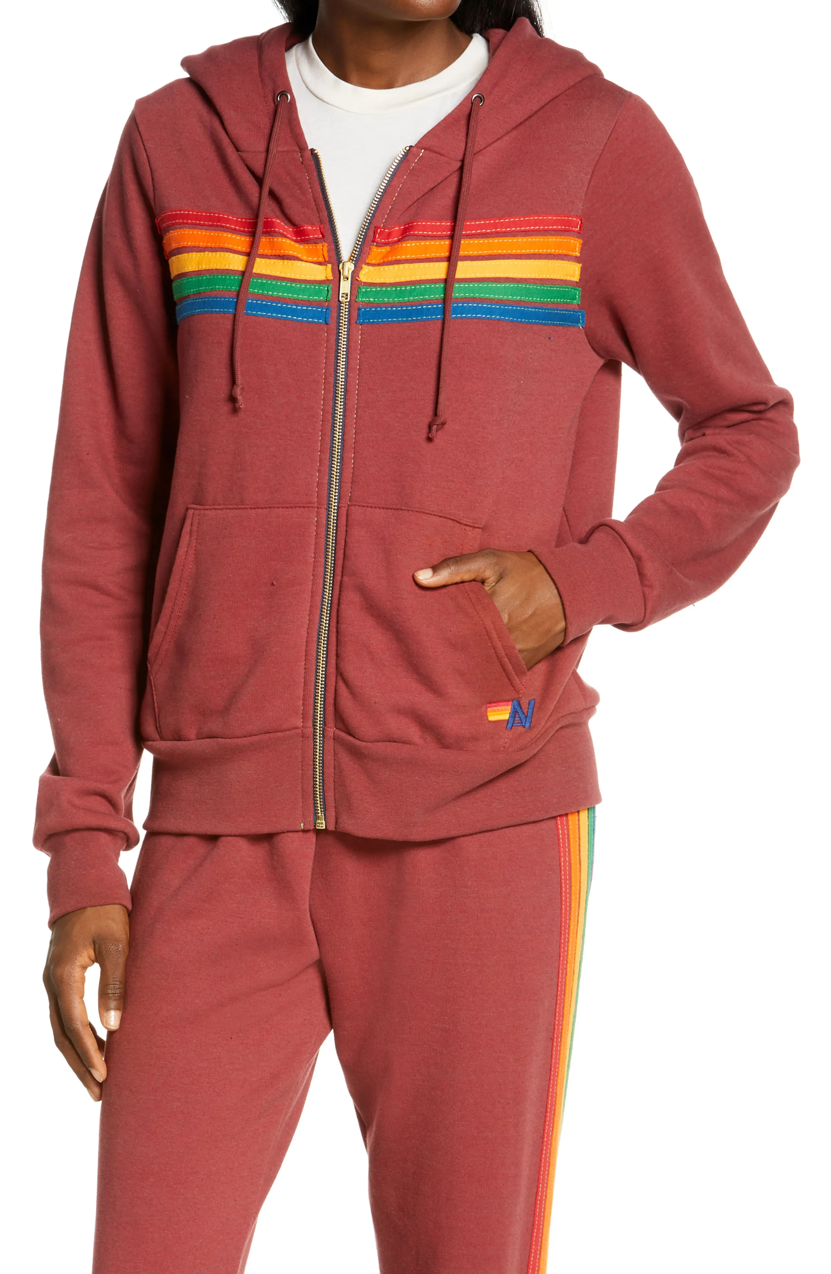 Aviator Nation 5-Stripe Zip Hoodie in Claret/Neon Pink Rainbow at Nordstrom, Size Large | Nordstrom