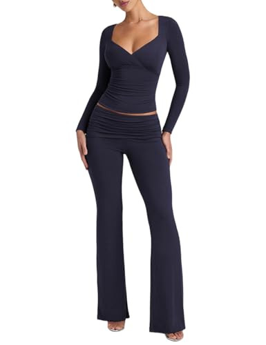 Lrady Womens 2 Piece Outfits Lounge Sets Lightweight Long Sleeve Crop Tops Fold Over Flare Pants Tracksuits, Navy Blue, Medium | Amazon (US)