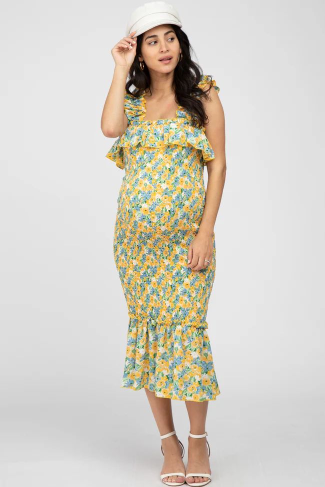 Yellow Multi Color Floral Smocked Fitted Maternity Midi Dress | PinkBlush Maternity