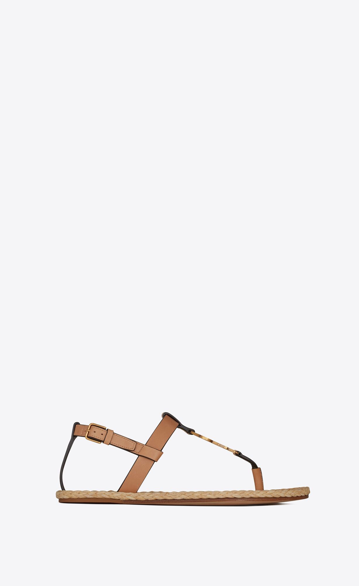 cassandra flat sandals in vegetable-tanned leather with bronze-tone monogram | Saint Laurent Inc. (Global)