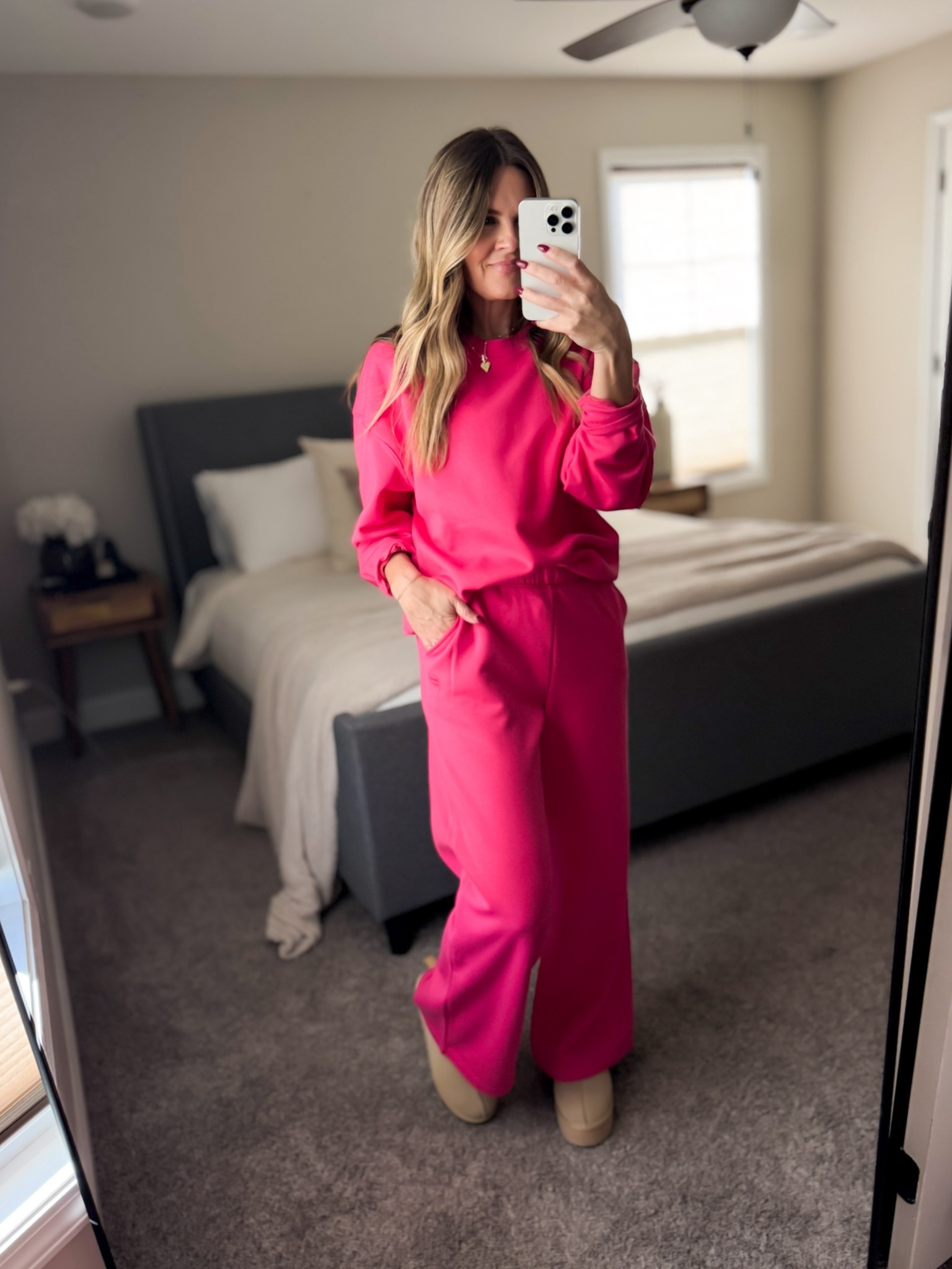 Fabletics lounge wear in a happy color pink. I’m wearing a small in the pants and there’s plenty of room. They also come in a short and long. Im wearing a medium in sports bra and sweatshirt. They fit true to size.

#LTKselfcare #LTKOver40 #LTKfitnessgoals