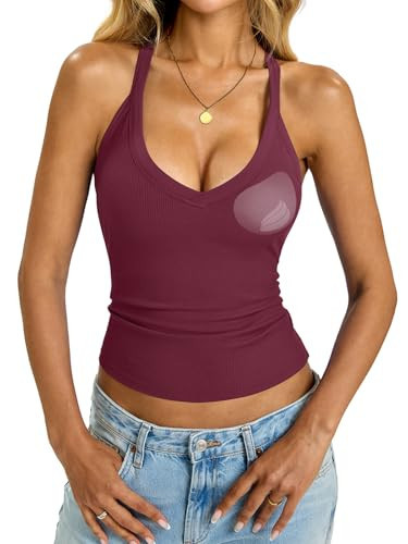 Womens Built in Shelf Bra Racerback Tank Tops Padded Ribbed Halter Strap T Shirts Slim Fitted Sexy V Neck Tee Wine Red XS | Amazon (US)