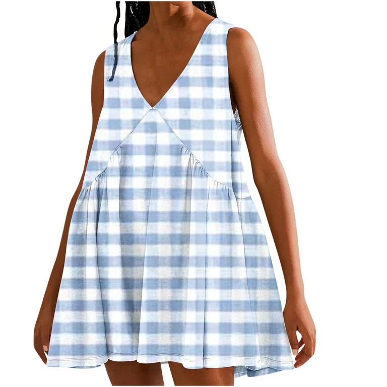 Giftesty Summer Dresses for Women Women Casual Loose Summer Print Pleated Sleeveeless V-Neck Dres... | Walmart (US)