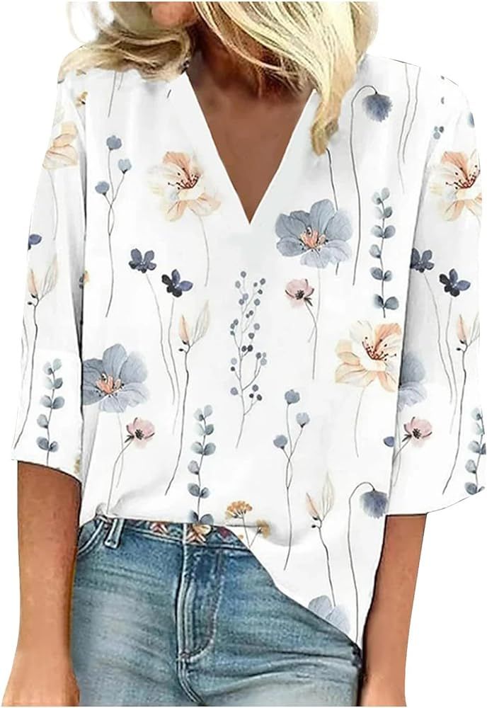 Women's 3/4 Sleeve Tops Summer Ladies Fashion V-Neck Tshirt 2024 Shirt Floral Print Sexy Daily Bl... | Amazon (US)
