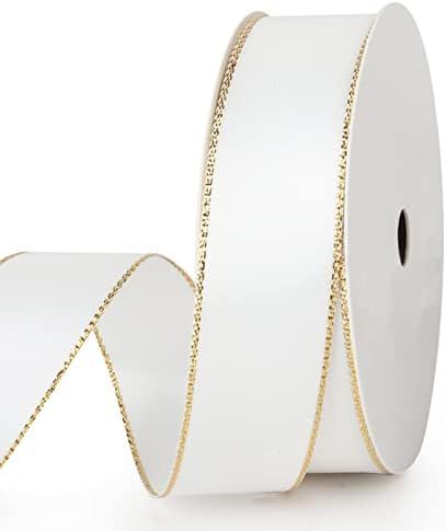 VIVIQUEN White Double Faced Satin Ribbon with Gold Edge, 1” Polyester Continuous Ribbon -25 Yards,Wi | Amazon (US)