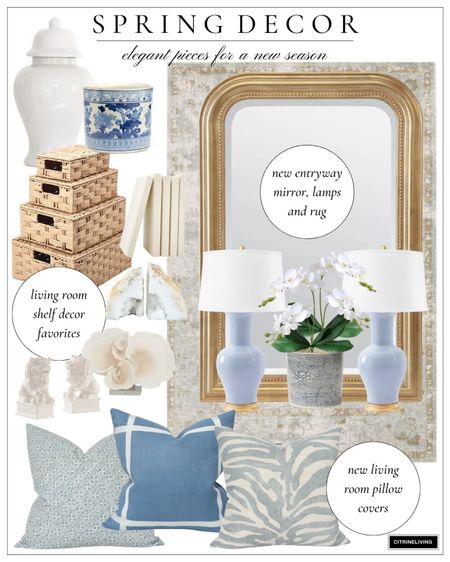 Spring home decor! Our new rug, gold mirror,  blue lamps and pillows are stunners! Can’t wait to style them in our home. Classic neutral home decor accessories and blue and white chinoiserie elevate the look this spring 

#LTKFind #LTKSeasonal #LTKstyletip