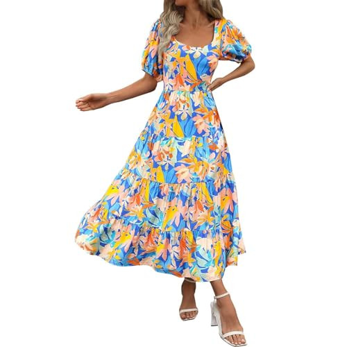 Black Sexy Dresses for Women Boho Dresses for Women 2024 Flowy Print Puffed Sleeve Slit Mid Length Waist Layered Long Dresses for Women（Large，Light Blue） | Amazon (US)