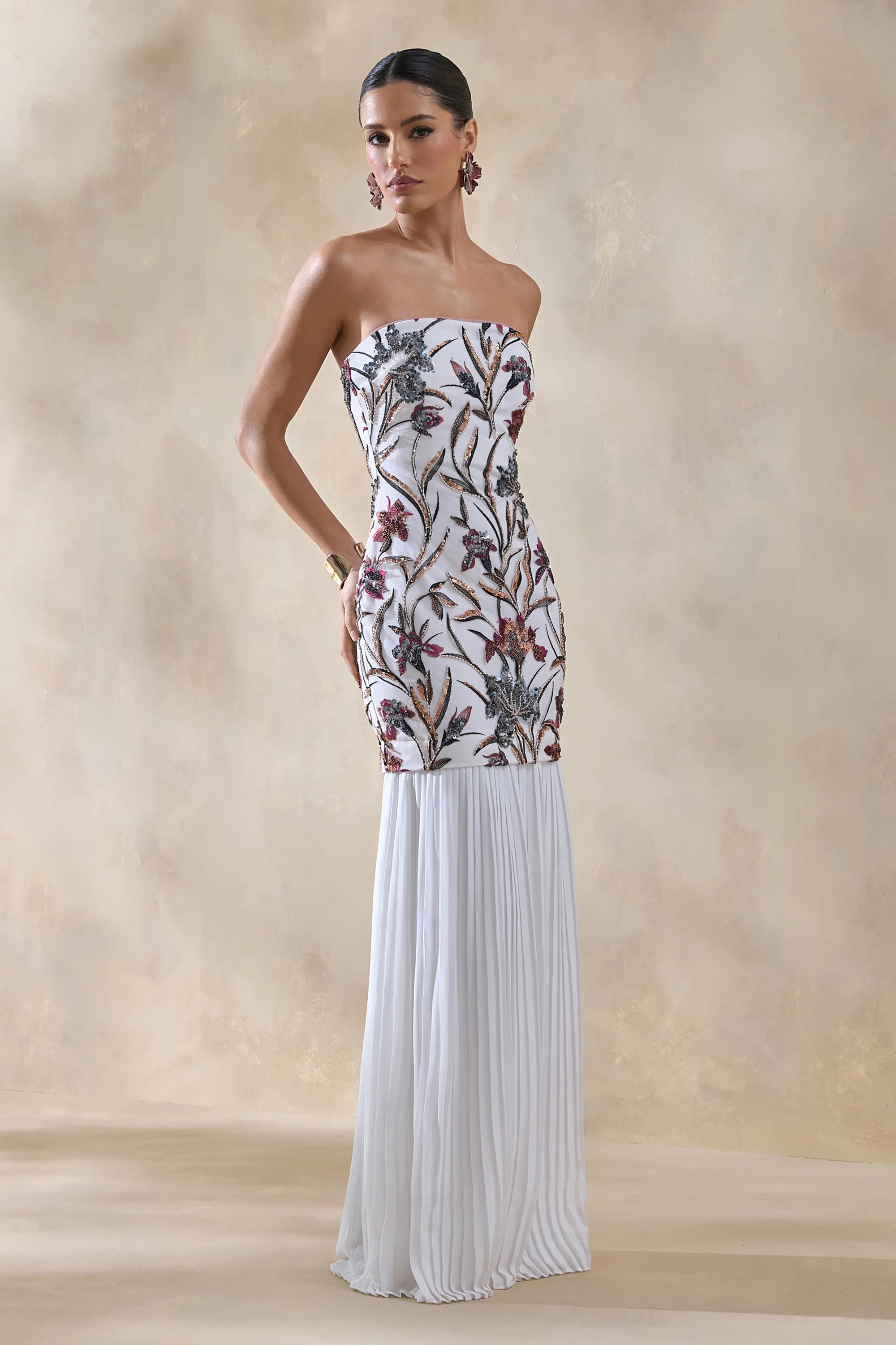 Denise | Cream Sequin Floral Bandeau-Neck Embellished Maxi Dress With Drop-Waist And Mesh Skirt | Club L London